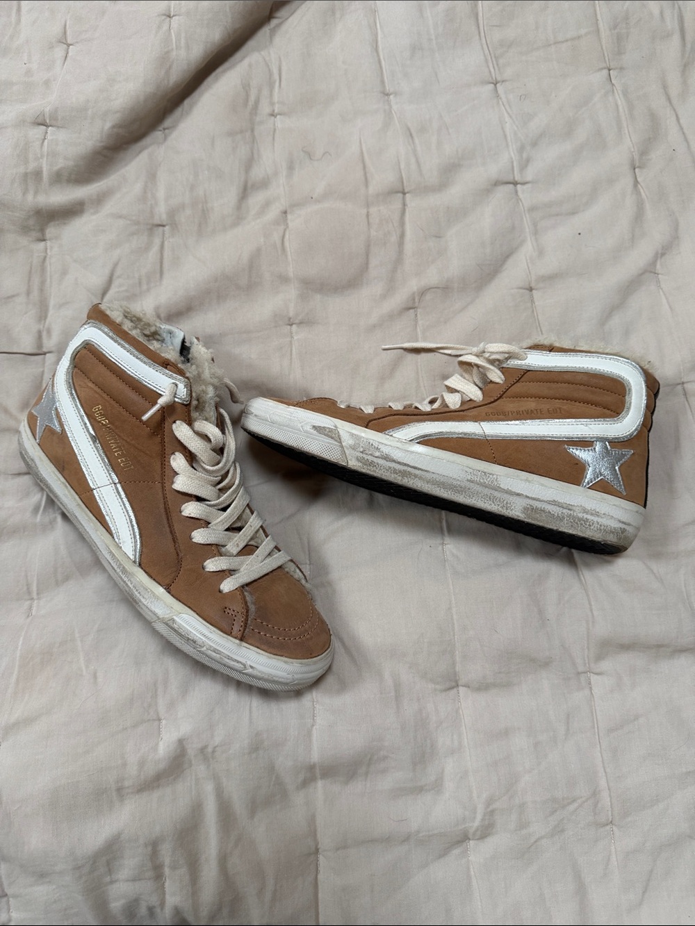 Golden Goose Brown Suede High-Top Sneakers with White Trim and Silver Star